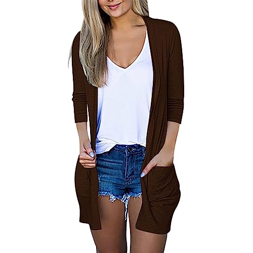 Lightweight Cardigan for Women 2024 Fall Casual Solid Long Sleeve Open Front Cardigans Outwear with Pockets Brown
