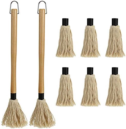 Hedume 2 Pack BBQ Basting Mop with 6 Extra Replacement Heads, Grill Basting Mop Wooden Long Handle Perfect for BBQ Grilling Smoking Steak (18.2 Inch)