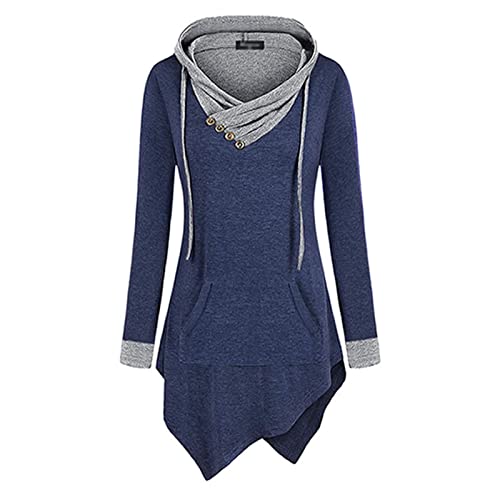JEsilunmaMY Womens Hoodies Long Sleeve V Neck Irregular Hem Pullover Tops Solid Color Loose Patch Pocket Hooded Sweatshirt (Blue2,Small)