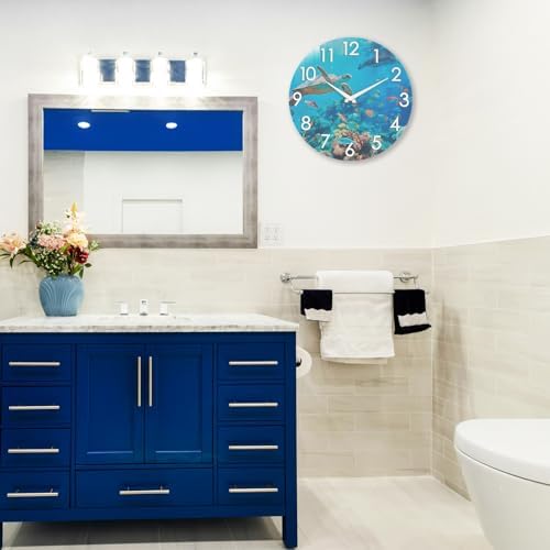 Outdoor Clock Waterproof - Nautical Ocean Decor Indoor Outdoor Wall Clocks for Patio Pool Garden Bathroom Home - Blue 12 Inch Glass, Sea Turtle Underwater Theme