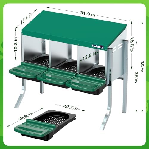 Chicken Nesting Box with Metal Legs, 3 Holes, Roll Away, Green, 31.9" x 19.9" x 30"