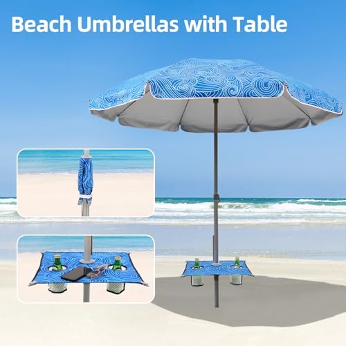 7ft Beach Umbrella with Built-in Table Tray，UPF 50+ beach umbrellas for sand heavy duty wind portable, Windproof Outdoor Shade Umbrella for Patio Garden