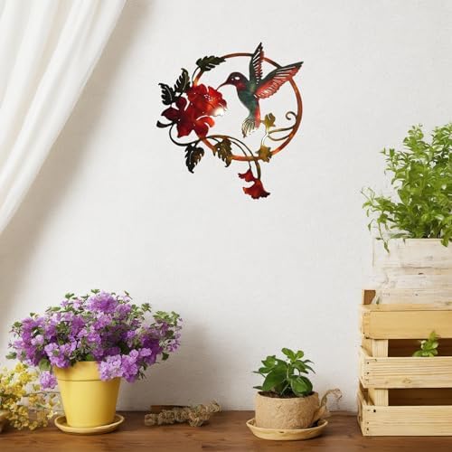 Zoihet Round Metal Bird Wall Art Decor - Hummingbird Wall Art Silhouette for your patio, garden, and fence Art Decor, Bird Wall Silhouette Indoor and Outdoor Hanging (Red)