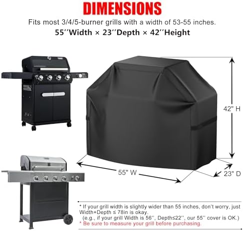 Grill Cover, 55 inch Heavy Duty BBQ Gas Grill Cover for Outdoor Grill, Waterproof, Weather Resistant, Anti-UV, Rip-Proof, Fade Resistant Barbecue Cover with Hook-and-Loop Straps for Most Grills
