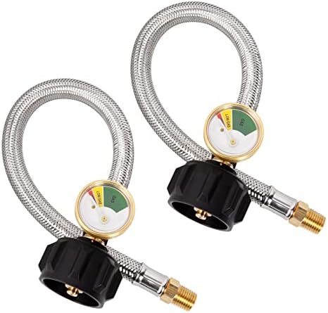 SHINESTAR RV Propane Hose with Gauge for Camper, 12 Inch Braided Propane Pigtail for Dual Stage Regulator, 1/4 Inch Male NPT x QCC1, 2 Pack