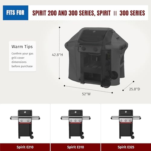 SHINESTAR Grill Cover for Weber Spirit 200/300 Series, Also Fits for Spirit II 300, Double Straps and Built-in Vents, Waterproof, 52-Inch, Black