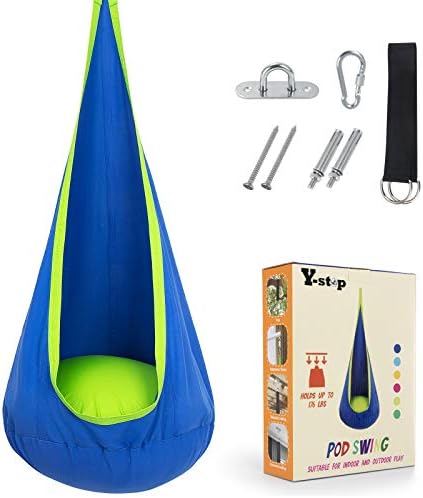 Y- STOP Kids Pod Swing Seat, Hanging Hammock Chair with Inflatable Pillow, Sensory Swing Chair with Pocket for Outdoor and Indoor, Max 176Lbs (Blue and Green)