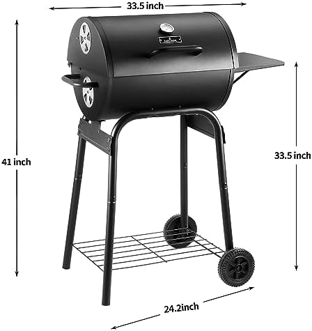 Charcoal Grill Outdoor BBQ Grill, Barrel Charcoal Grills with Side Table, with Nearly 500 Sq.In. Cooking Grid Area, Outdoor Backyard Camping Picnics, Patio and Parties, Black