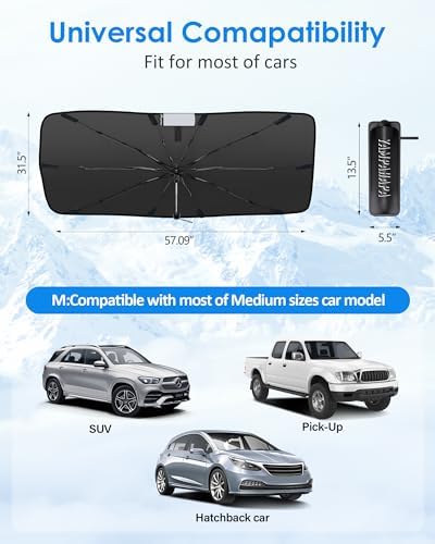 [2025 Upgrade] Windshield Sun Shade Umbrella, Foldable Car Sun Shade with Vinyl Coating Heat Shield UV Ray Reflector Keeps Cool and Protect Interior, for Auto Trucks Sedan SUV (57" x 31")