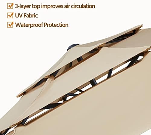 Yaheetech 3-Tier Patio Umbrella 10ft Vented Outdoor Canopy Sun Shade Large Market Table Umbrella Double-layer Cloth & Push-button Tilting for Yard/Garden/Park Tan