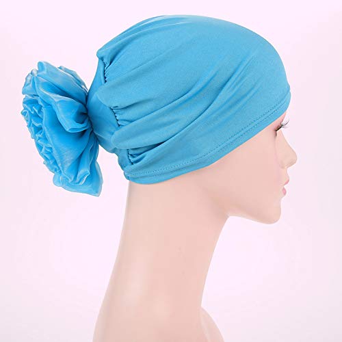 Muslim Women Flower Elastic Turban Beanie Head Scarf wrap Chemo Cap hat for Cancer Patient (Blue)