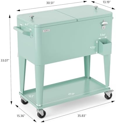 VINGLI 80 Quart Rolling Ice Chest, Portable Patio Party Bar Drink Cooler Cart, with Shelf, Beverage Pool with Bottle Opener