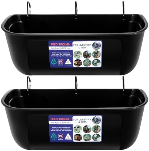 Goovilla Large Feed Trough, Hanging or Screw-in Fence Feeder with Clips, 2 Pack 9 Quart Goat Feeder Supplies, Dog Horse Hog Pig Livestock Poultry Plastic Feeder Trough Bucket for Large Animal, Black