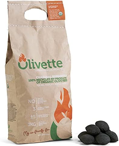 Organic Charcoal Briquettes by Olivette, Reusable Charcoal for Grilling, USDA Certified, Recycled Olive Tree Byproduct, Ready to Light BBQ Charcoal, 6.6 lb. Bag Equal to 20 lb. of a Regular Charcoal