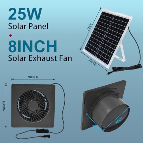 Solar Fan,25W Solar Panel+8" High Speed Solar Powered Fan with Bracket,Solar Fan for Chicken Coop with Power Adapter,Waterproof Solar Exhaust Fan,Solar Power Fan for Greenhouse,Shed(Grey)