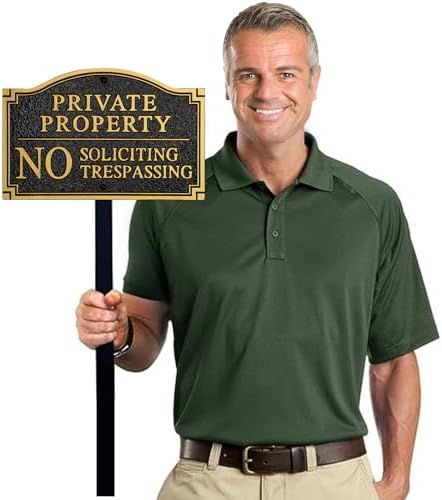 Private Property No Soliciting No Trespassing Statement Plaque,Solid Metal Cast Yard Sign, Heavy Duty Material, Embossed Letters,11.5"×7.5" with 31.5" Stakes and Upgraded Stainless Screws