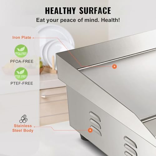 VEVOR Commercial Electric Griddle, 22", 1600W Countertop Flat Top Griddle, Stainless Steel Teppanyaki Grill w/Iron Cooking Plate, 122-572℉ Adjustable Temp Control 2 Shovels & Brushes, 110V