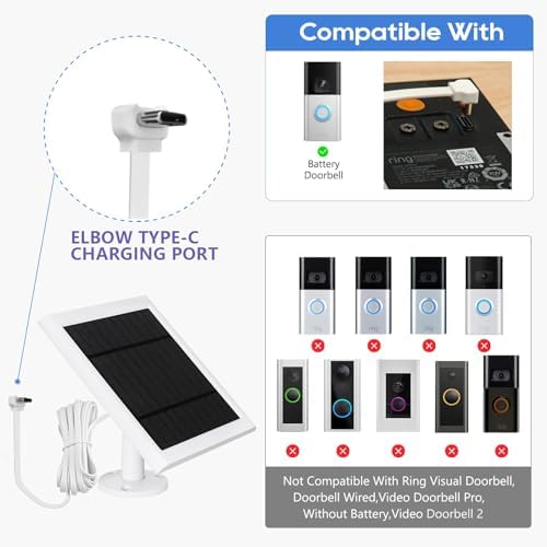 Ring Doorbell Solar Panel - 4W Charger, Compatible with Battery Doorbells, Type-C Charging Port, 9.84ft Cable