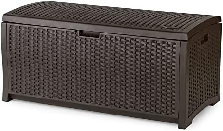 Suncast 73-Gallon Medium Deck Box - Lightweight Resin Indoor/Outdoor Storage Container and Seat for Patio Cushions and Gardening Tools - Store Items on Garage, Yard - Mocha Brown