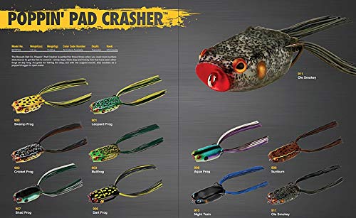 Booyah Poppin' Pad Crasher Topwater Bass Fishing Hollow Body Frog Lure with Weedless Hooks, Aqua Frog, One Size