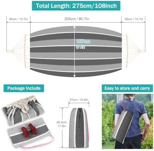 MOSFiATA Hammocks Portable Camping Hammock Upgraded 550lb Comfortable Fabric Hammock with Two Anti Roll Balance Beam and Sturdy Tree Straps for Camping, Patio, Backyard, Outdoor （Grey）