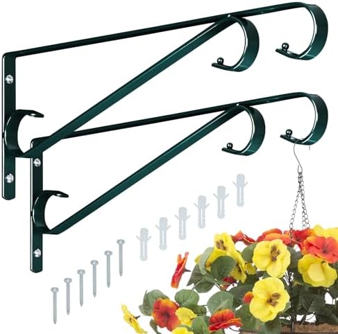Plant Hangers Outdoor 2 Pack 15.5 Inch Metal Plant Hooks for Wall, Decorative Straight Hanging Plant Bracket for Bird Feeders, Planters, Lanterns, Wind Chimes, Blackish Green