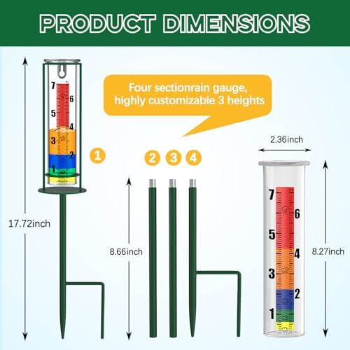 Rain Gauge Outdoor, 7" Capacity Rain Gauge with Metal Stake, Glass Rain Gauge Outdoors Best Rated Decorative for Yard, Garden, Deck, Lawn, Landscape(Colorful)