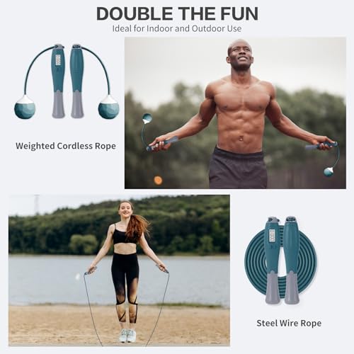 Jump Rope with Counter Cordless Jump Rope Ropeless Skipping Rope for Fitness Training Speed Rope with Digital Handle for Exercises Men, Women and Kids Wireless Skipping Rope Indoor Outdoor (Green)