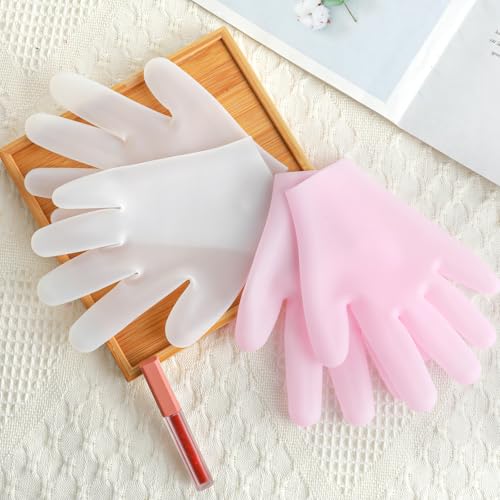 Gjinxi 2 Pairs Silicone Gloves for Dry Cracked Hands - Moisturizing Hand Care Spa Gel Gloves for Women After Pedicure - Pink & White
