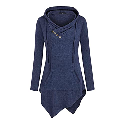 JEsilunmaMY Womens Hoodies Long Sleeve V Neck Irregular Hem Pullover Tops Solid Color Loose Patch Pocket Hooded Sweatshirt (Blue1,Small)