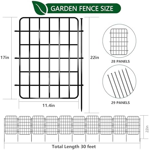 30ft x 17in Garden Fence Animal Barrier, 28 Panels No Dig Fence Border, Rustproof Metal Decorative Garden Fence with Ground Stake, Flower Bed Edging Border for Dog, Rabbit, Outdoor Yard Patio Decor