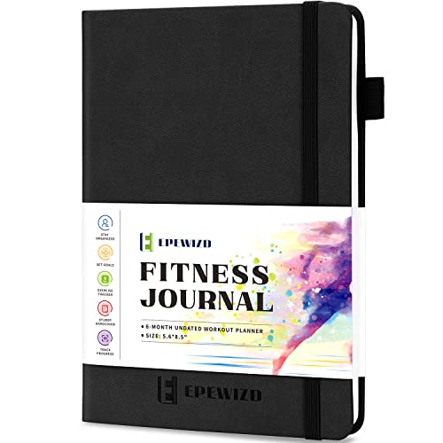 EPEWIZD Fitness Journal Hardcover 6- Month Workout Planner Undated Workout Log Book Home Gym Accessories for Women and Man (Black)