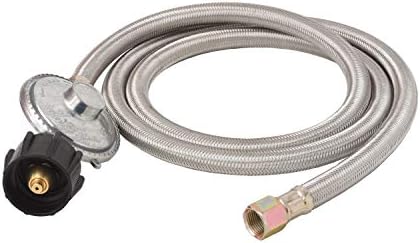 Flame King 5-FT Universal QCC1 Low-Pressure Propane Regulator with Stainless Steel Braided Hose for Most LP Gas Grills, Heaters, and Fire Pit Tables, 3/8" Female Flare Nut