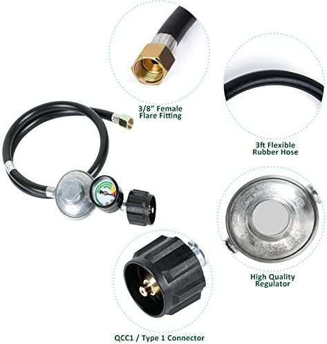ATKKE 3ft Propane Hose Regulator with Gauge, Universal Gas Grill Regulator and Hose for Weber, Charbroil, Nexgrill, Cuisinart Grill, Patio Heater and Fire Pit, Low Pressure 3/8 Female Flare Nut