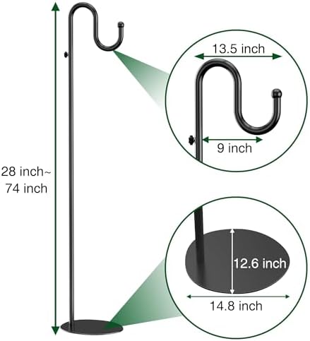74" Shepherds Hook Stand for Plant: Hanging Bird Feeders, Plants, Lanterns, Wreath and Wind Chimes, Adjustable Free Standing Pole Holder with Heavy Duty Base for Indoor & Outdoor, Holds Up to 20 LBS