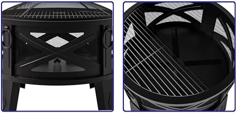 Fire Beauty 26"Steel Fire Pit with Grill Grate&Spark Screen,360° Airflow Boost Technology,Less Smoke,Larger Flames,Heavy-Duty Portable Camping Fire Pit for Backyard,Beach,RV (22lbs,4 Handles,Dual-Use)