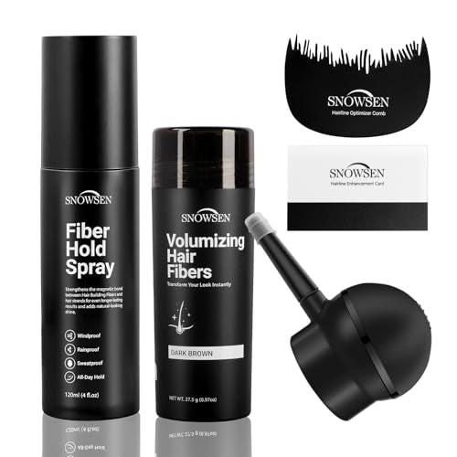 SNOWSEN Hair Building Fibers for Thinning Hair in Women & Men, Dark Brown, 27.5g, 5-in-1 Beard Styling Set, Applicator Pump, Fiber Hold Spray, Application Card, Hairline Enhancement Comb