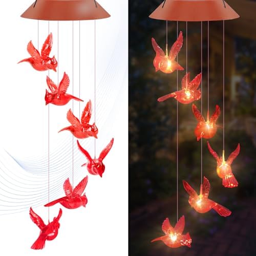 Cardinal Solar Wind Chimes, Solar Cardinal Bird Wind Chimes Outside Moms Gifts Unique for Women Red Bird Outdoor Decor Garden for Grandma mom Memorial