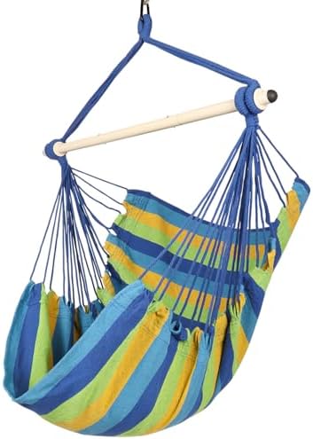 Highwild Hanging Rope Hammock Chair Swing Seat for Any Indoor or Outdoor Spaces - 500 lbs Weight Capacity (Blue Striped.)