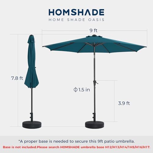 HOMSHADE 9ft Outdoor Patio Umbrella - Market Table Pool Deck Umbrella UPF50+ UV Protection with Push Button Tilt, Crank and 8 Sturdy Ribs (Peacock Blue, No base)