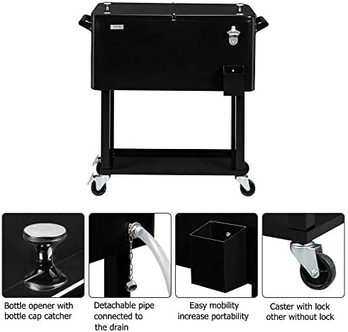 VINGLI 80 Quart Rolling Ice Chest, Portable Patio Party Bar Drink Cooler Cart, with Shelf, Beverage Pool with Bottle Opener