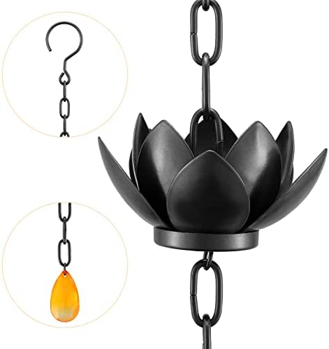 Oak Leaf Rain Chain, Lotus Rain Catcher Chain for Gutters Outside with Adapter, Rain Chain Cups to Replace Gutter Downspout, Divert Water and Home Display, 12 Cups, Adjustable,Black Powder Coated