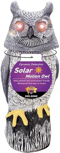 Owlsome Solar Owl with Colored Flashing Eyes, Rotating Head, Hoot Sound, Motion Detector and Silent Mode, Plastic Owl Garden Sculpture, Garden Decoration