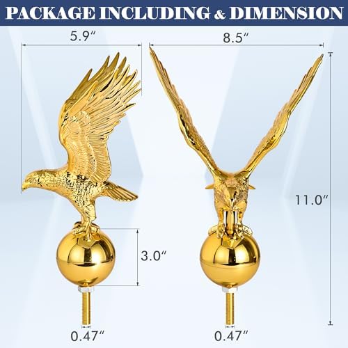 PPQ Gold Flag Pole Eagle Topper 11", Gold Ball Topper 3",1/2"-13 Threaded Screw w/Hexnut, Fits for Most Telescoping & Sectional Flagpoles(20/25/30FT)