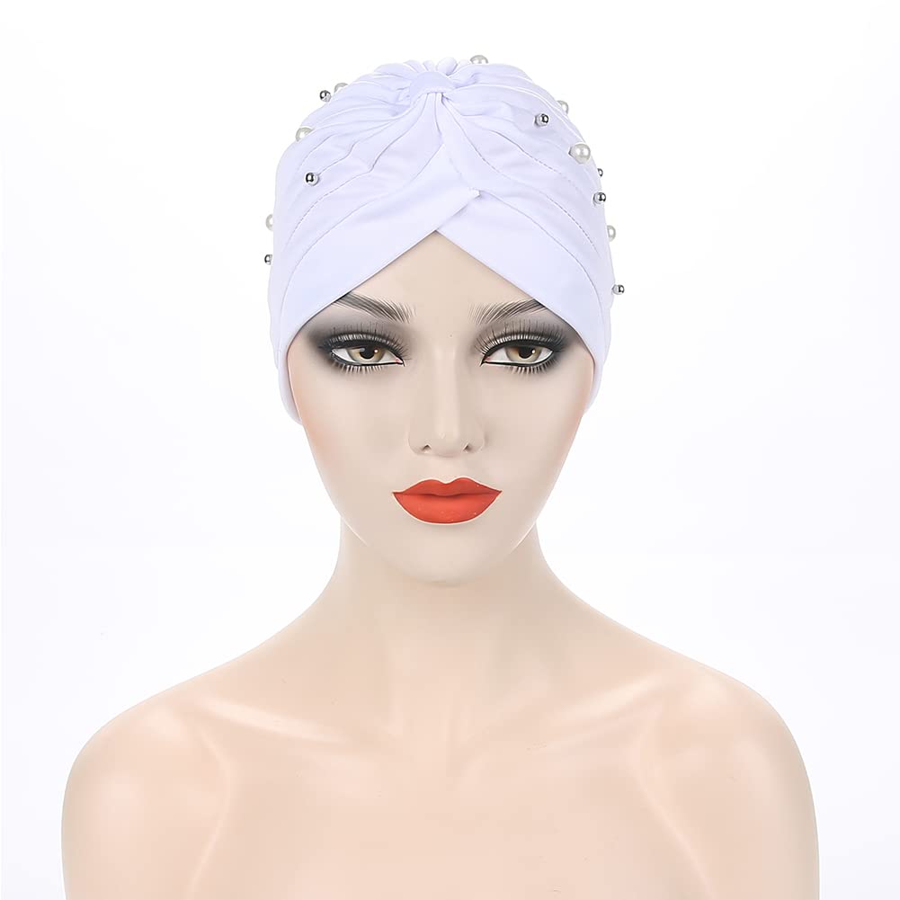 Fxhixiy Turban Hats for Women Beaded Pre Tied Knot Hats Chemo Beanies Headwrap caps for Cancer Hair Cover (White)