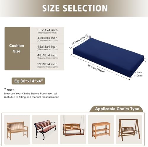 Outdoor Bench Cushion Waterproof 48"x18" – Fade-Resistant Patio Furniture Cushion with Ties for Porch Swing, Loveseat, or Indoor Bench Replacement, Navy Blue