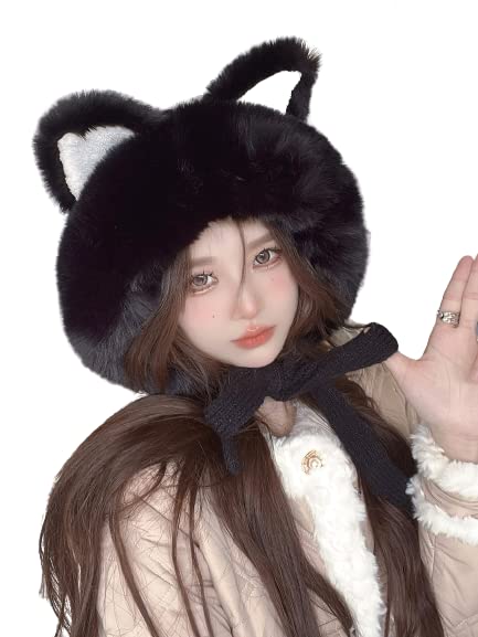 Winter Cute Faux Fur Beanie Hat Women Fox Cat Ear Furry Bucket Hat Cover with Earflap Pompom Russian Warm Plush Trapper Hat Black