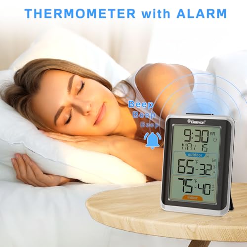 Geevon Wireless Indoor/Outdoor Thermometer & Hygrometer, Digital Temperature & Humidity Sensor with Time, Clock, 200ft/60m Range, Large Display