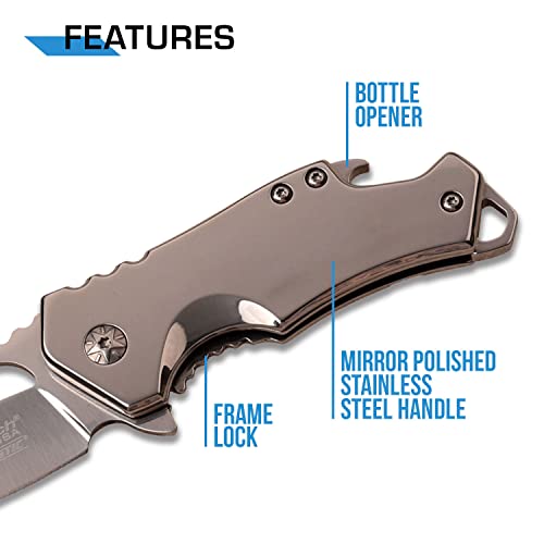 MTech USA – Spring Assisted Folding Knife – Mirror Polished Fine Edge Stainless Steel Blade and Handle, Bottle Opener, Pocket Clip, Tactical, EDC, Self Defense- MT-A882SCH