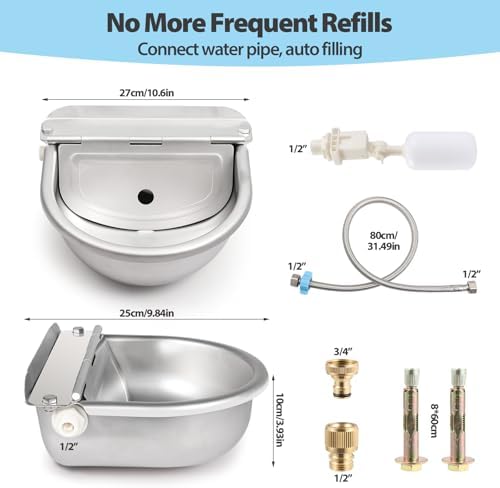 Automatic Water Dispenser for Chicken, 304 Stainless Steel Outdoor Auto Fill Waterer Bowl Self Refilling Watering System with 2 Float Valves and Drainage Hole for Chicken,Duck,Poultry